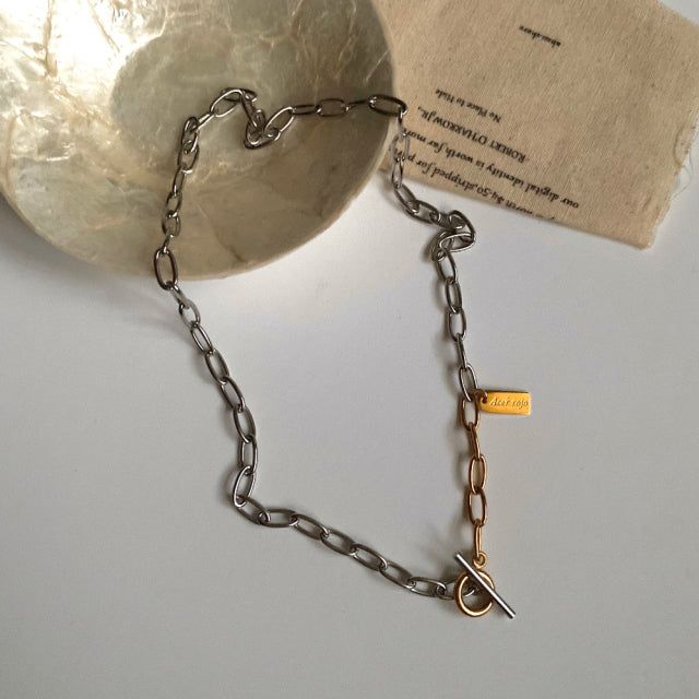lx Two Tone Toggle Bar Bold Chain Short Necklace
