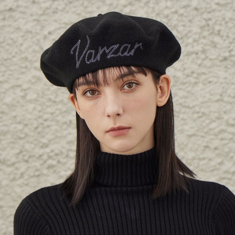 VARZAR Cursive Logo Wool Beret / Black