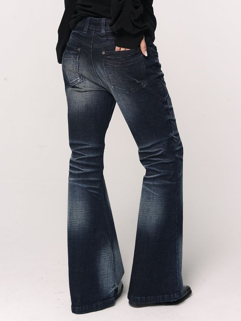 CONFUN Design sense three-dimensional cat whiskers, aged washed flared jeans style