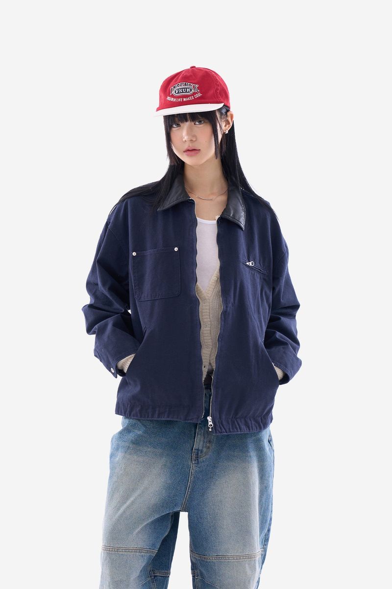 Leather collar vintage zip-up work jacket
