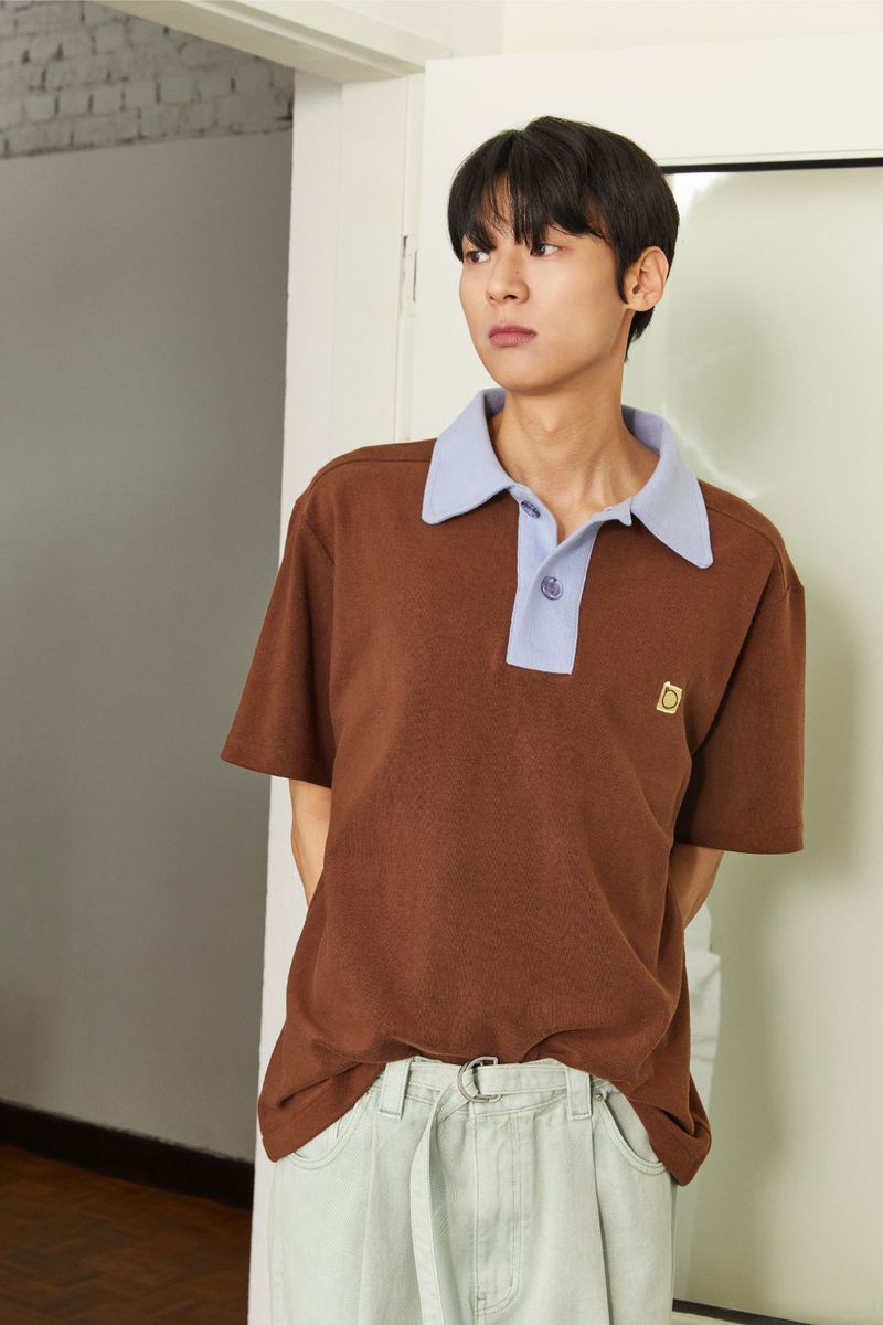 ALARM TERRY COLLAR T SHIRT BROWN_UNISEX