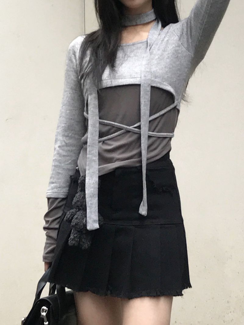 High-Waist Cutting Damage Pleated Skirt