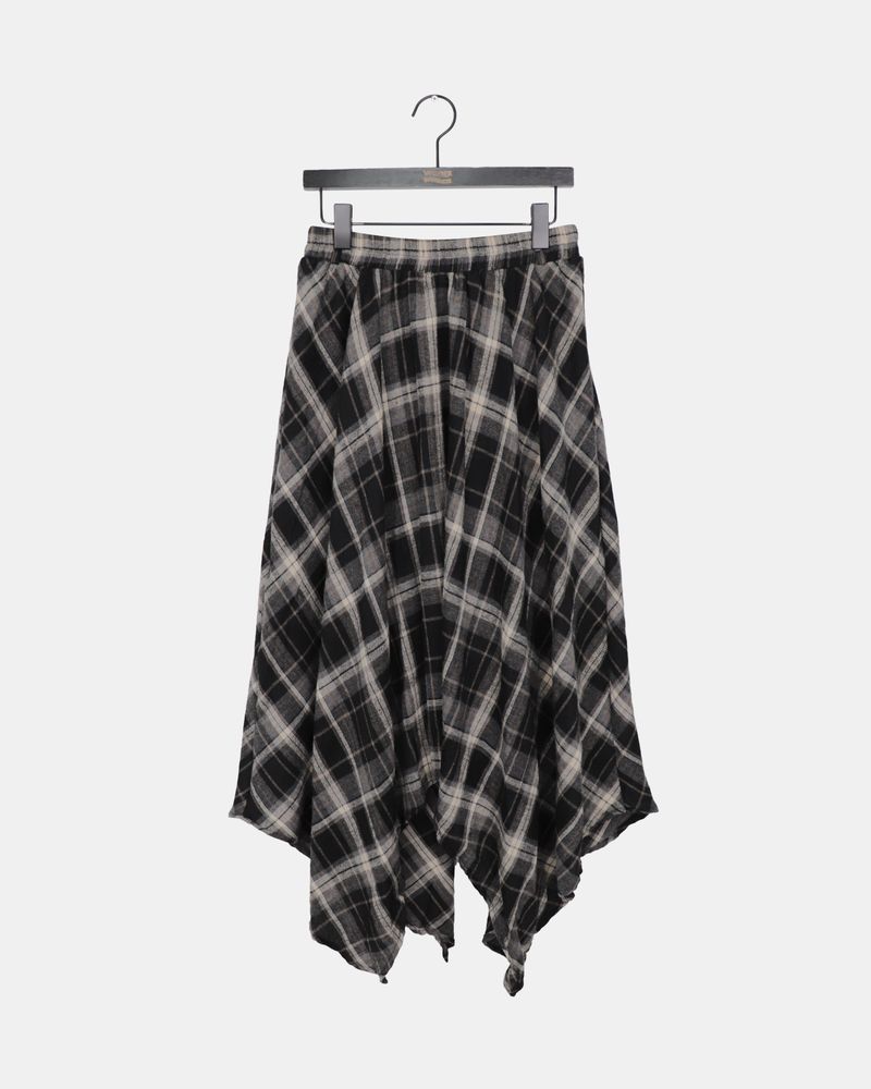 Looping Wool Asymmetric Long Check Layered Skirt