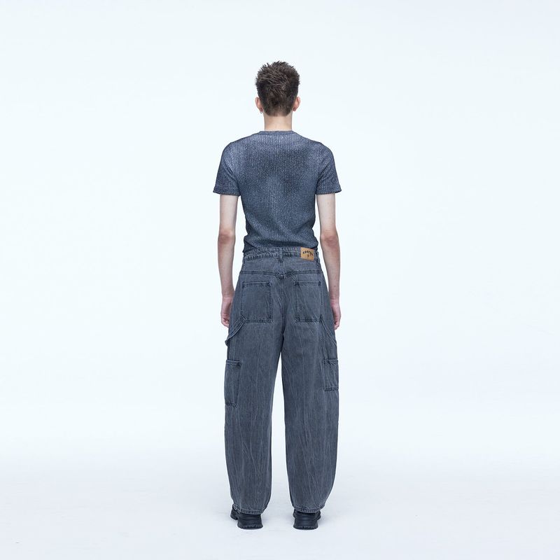Curved Carpenter Crack Denim Pants Grey