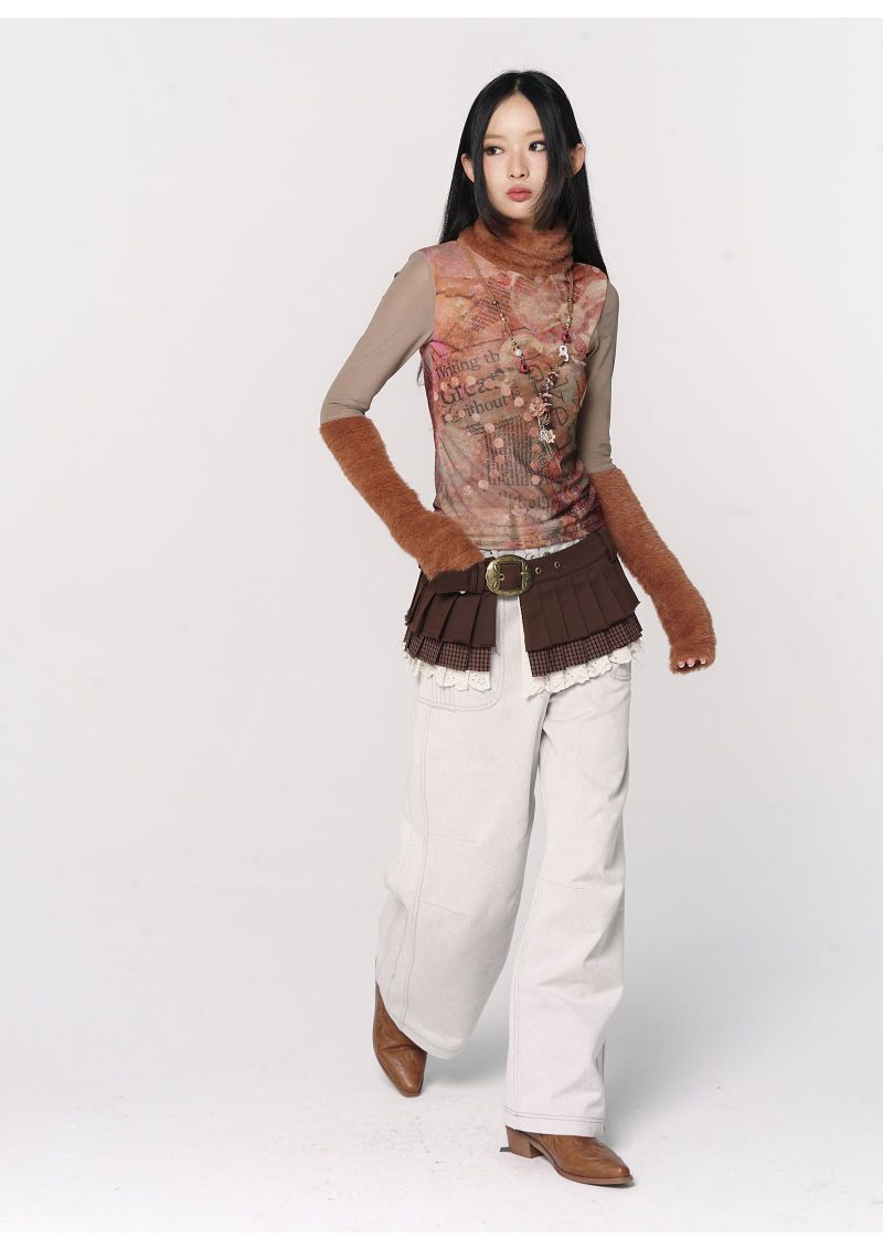 CONFUN original floral orange printed fur patchwork high-neck mesh base