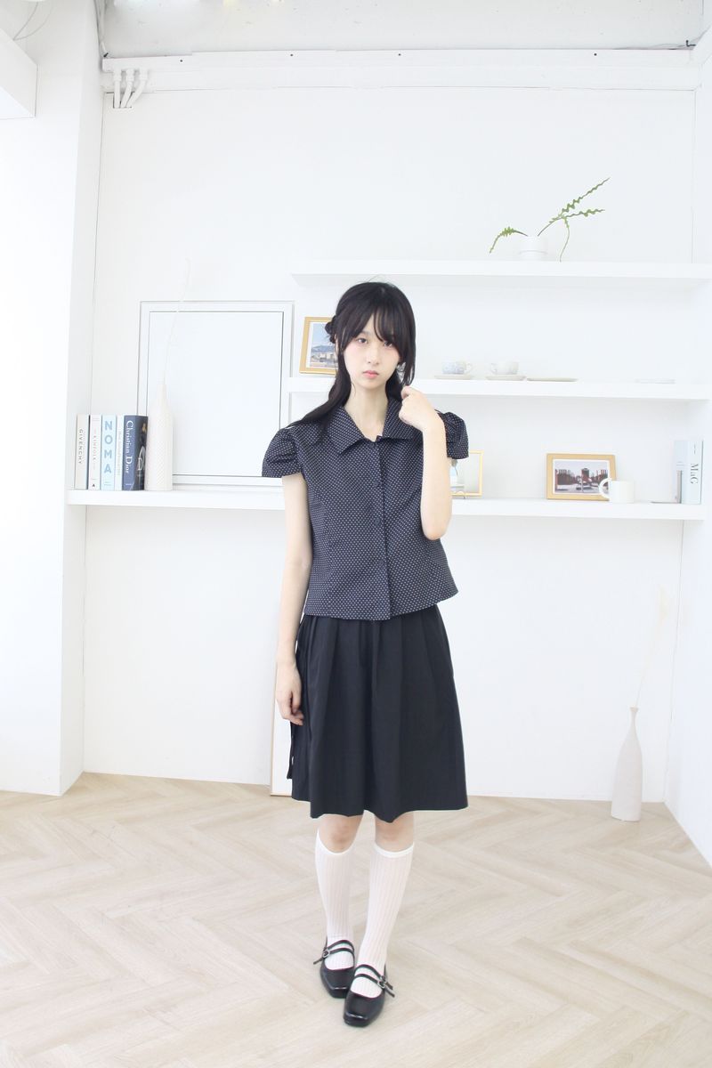 Dot Puff Cap Sleeve Blouse