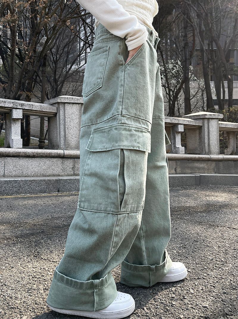 Ding denim slit wide cargo pants
