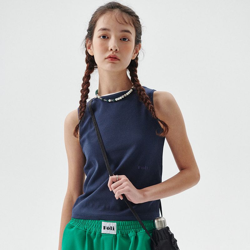 Foli(フォリー)の「Rib Boatneck Sleeveless, Navy(Tops)」