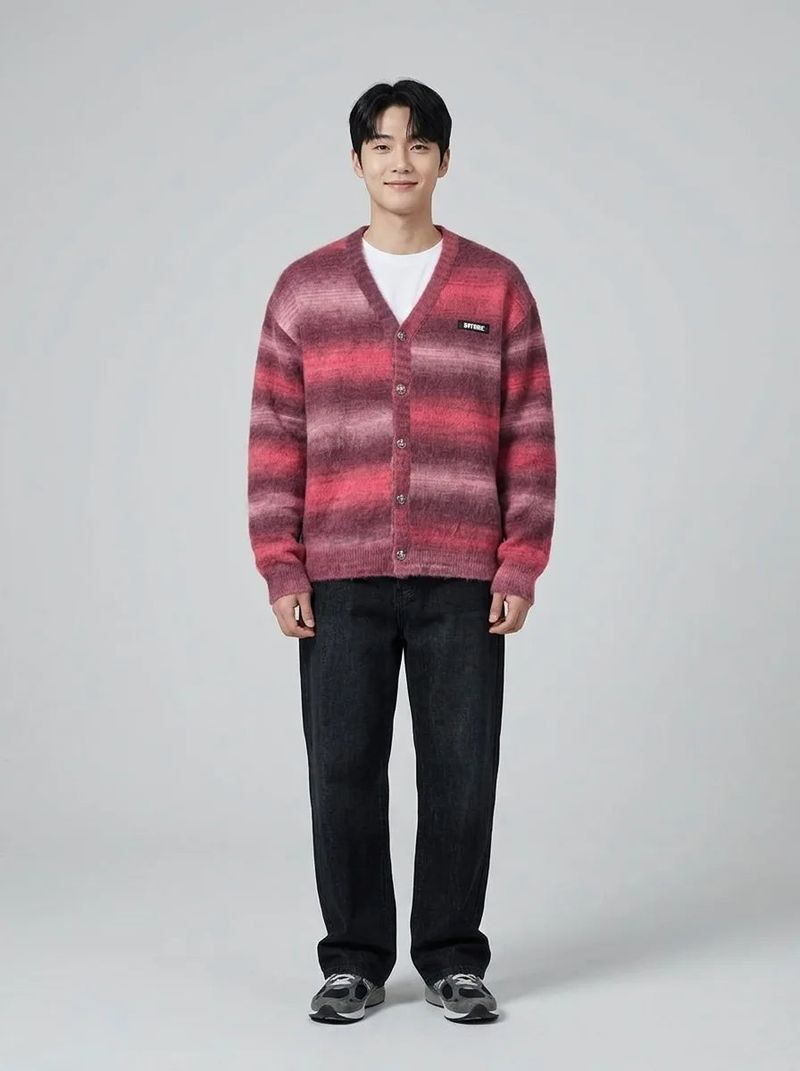 Red Gradation Stripe Cardigan