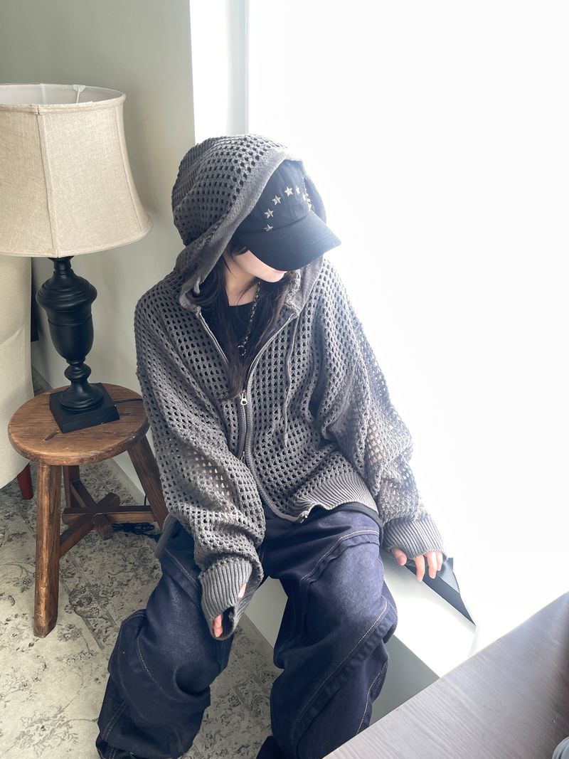 heenytsuki(ヒニツキ)の「Hoshi mesh hooded knit zip-up(Tops)」