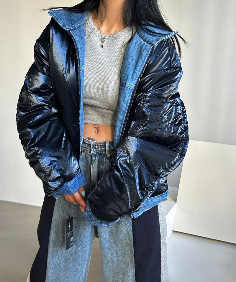 Double-sided reversible denim padded coat