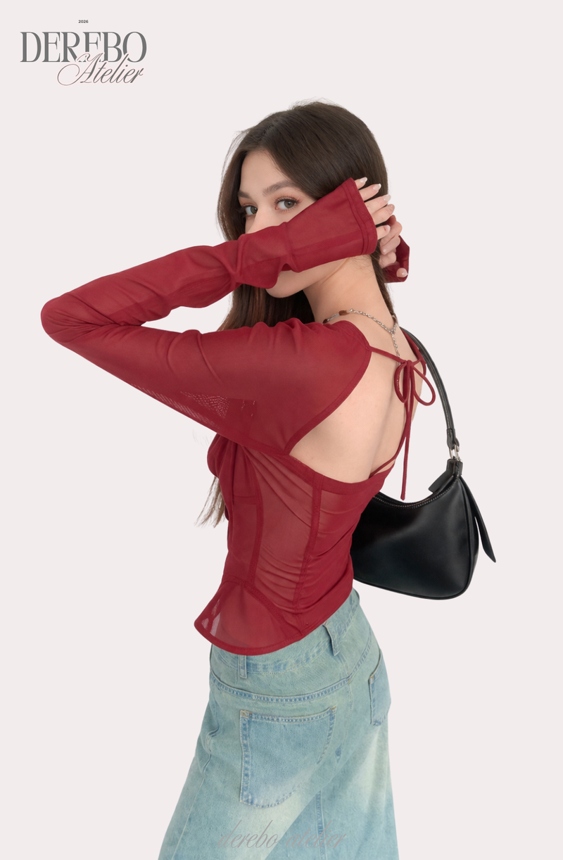 red square chiffon long-sleeve blouse