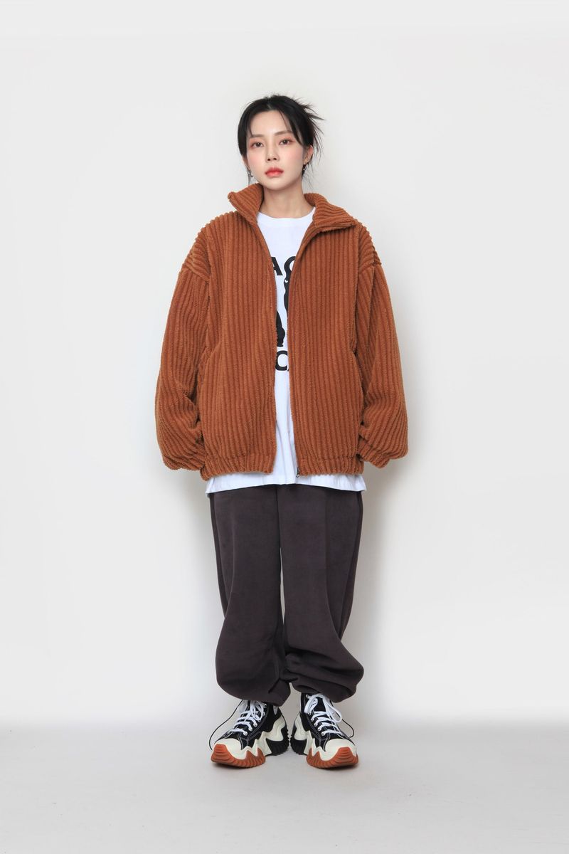 fur ribbed zip-up jacket