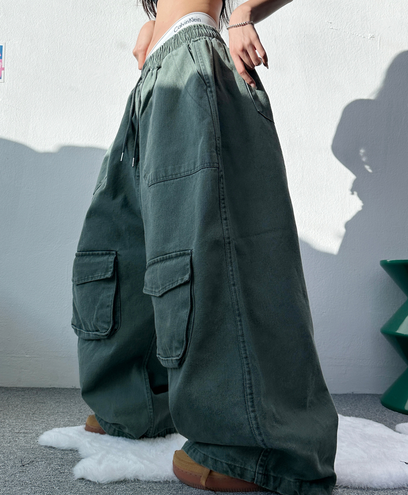 FRONT CARGO WIDE COTTON PANTS🖤💚💛🤎 - 4 COLORS