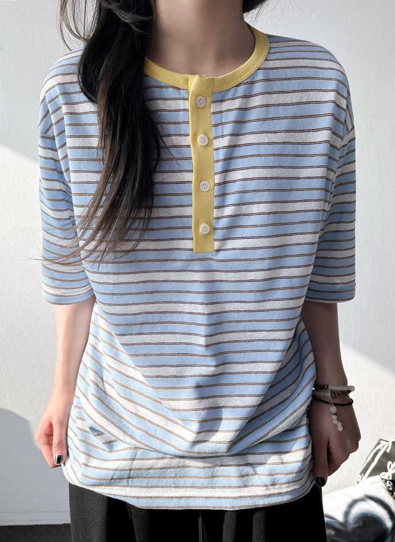 Yuria Cooling Stripe Henley Tee 3color