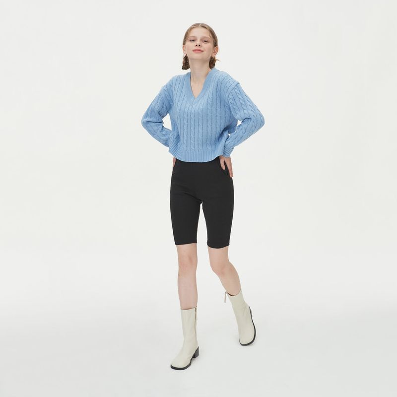 BLONDNINE（ブロンドナイン）の「V NECK CABLE CROP KNIT_SKY BLUE（Tops）」