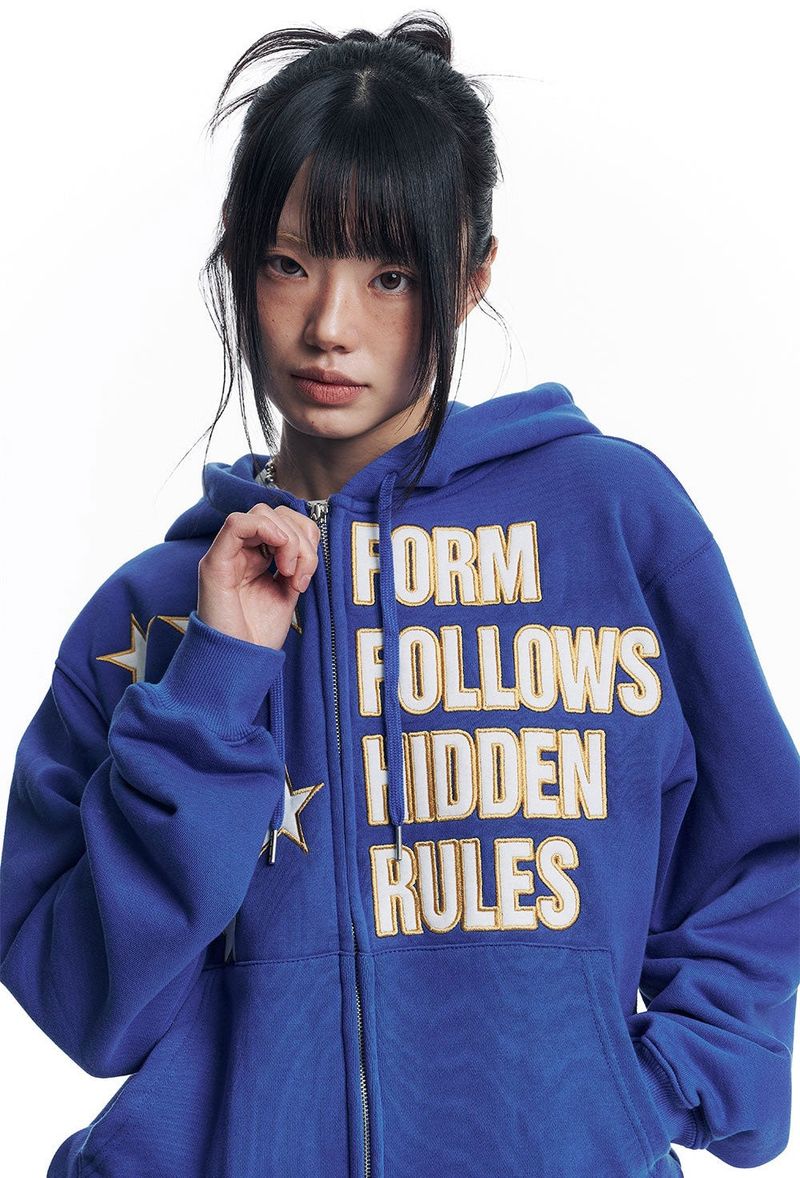 Star Lettering Patch Hoodie Zip-Up - Blue
