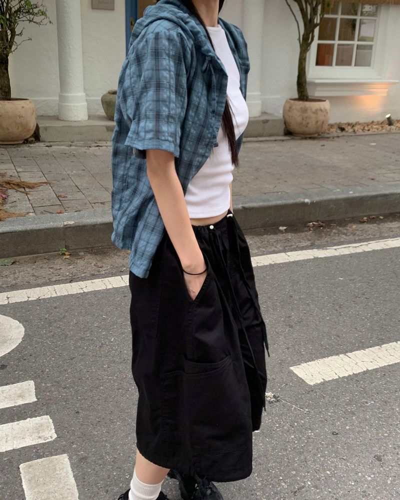 チェックフードシャツ