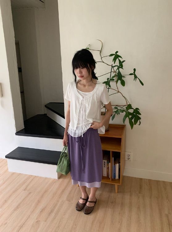 Haya Embossed Floral Layered Banding Midi Skirt