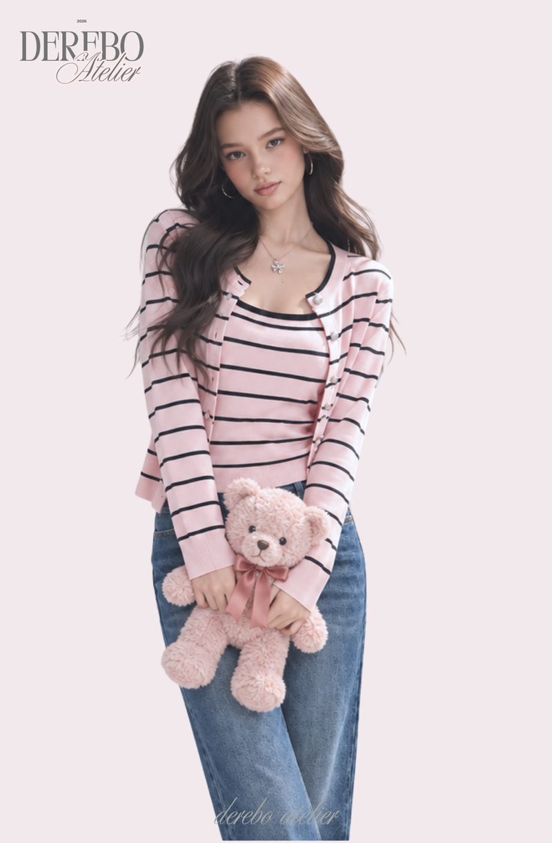 Pink Stripe Inner Cardigan Two-Piece Set