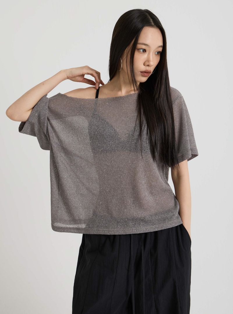 Knit one-shoulder t-shirt, Charcoal