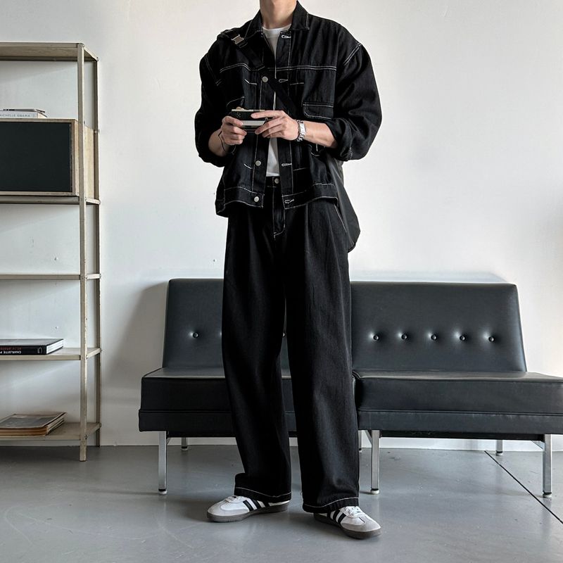 LMN log Oversized fit stitch denim setup jacket (2 colors)