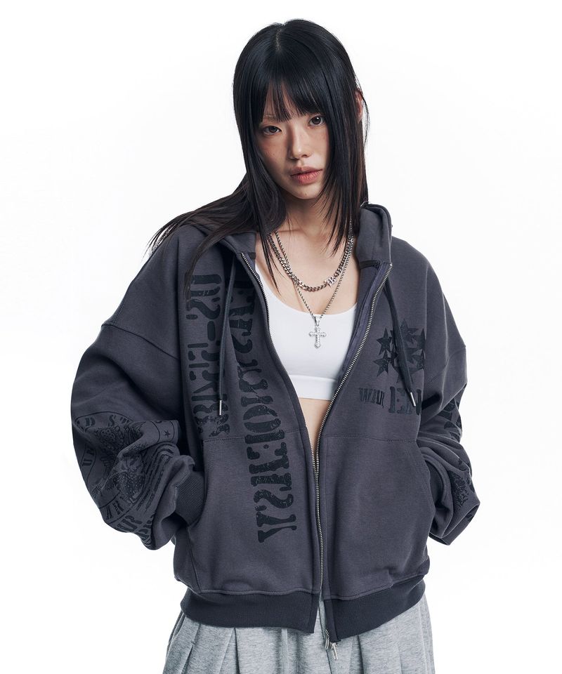 Marine Crack Print Hooded Zip-Up - Charcoal