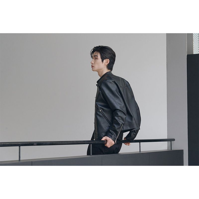 Essential cracked leather biker jacket(Black)