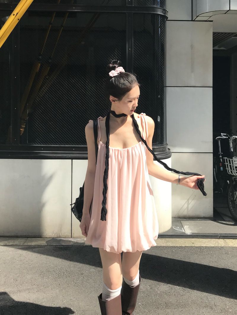 Peach Hug Ribbon Slip Pumkin Sleeveless Mini Dress