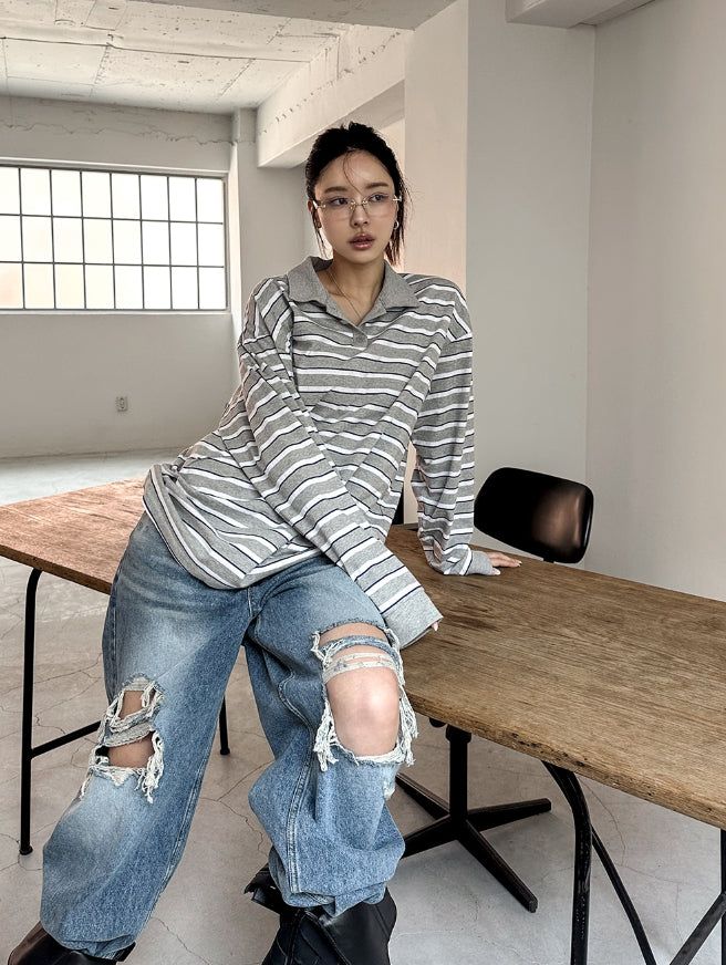 Twoin Stripe Rugby Collar Sweatshirt