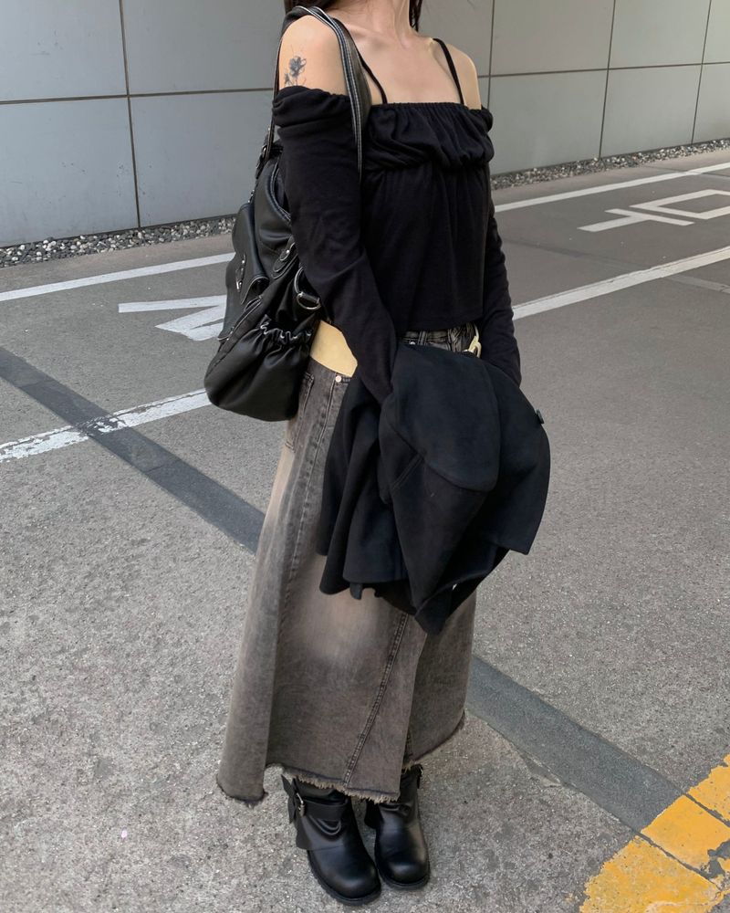 Rough denim long skirt