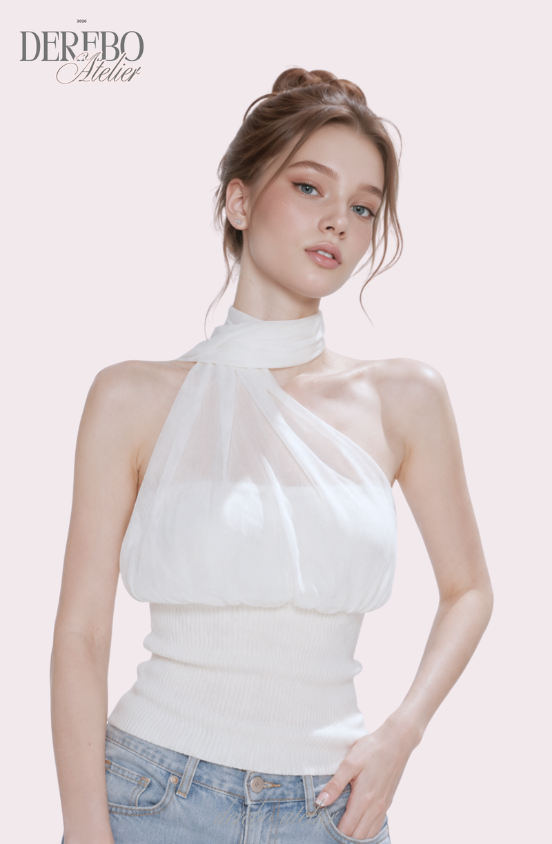 one-shoulder mint chiffon sleeveless top