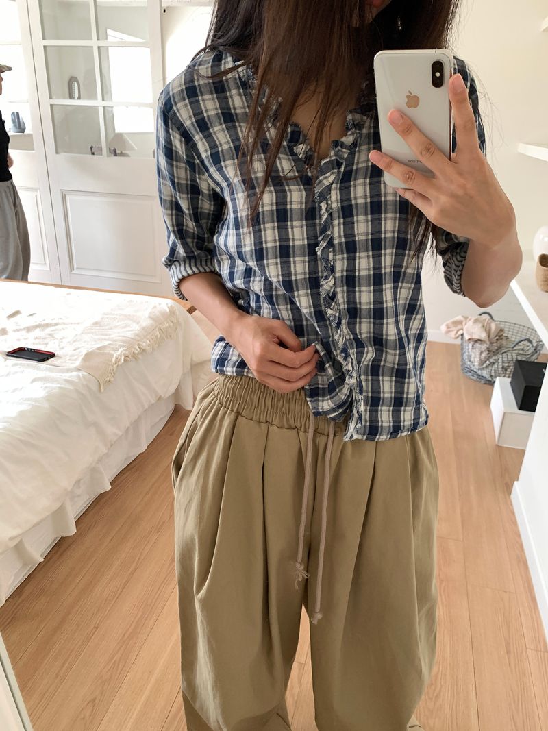WASHED CHECK FRILL SHIRT (2C)