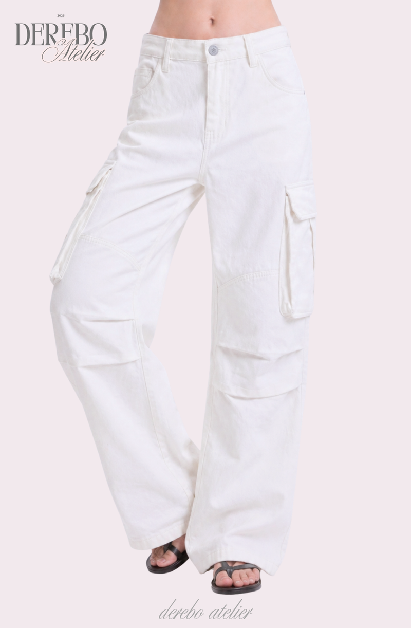 white wide pocket cotton casual pants