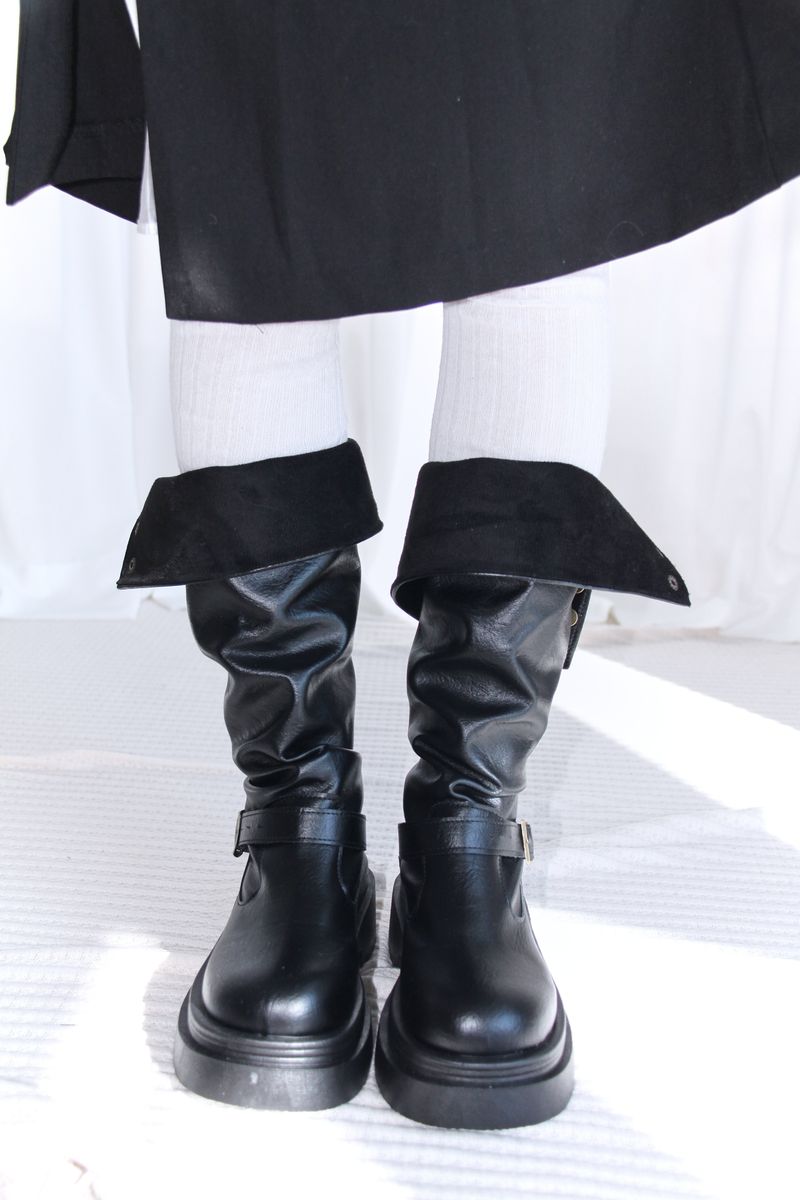Buckle Leather Half Middle Boots