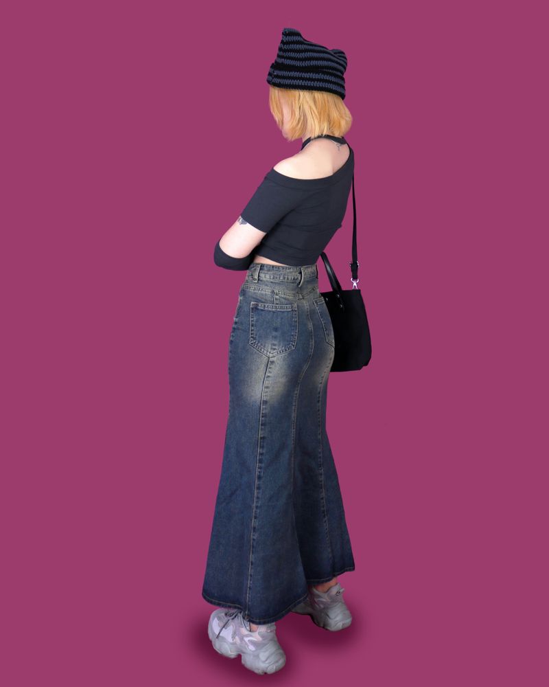 caramel denim long skirt