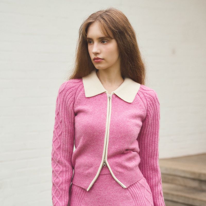 MERINO WOOL ZIP-UP CARDIGAN - PINK