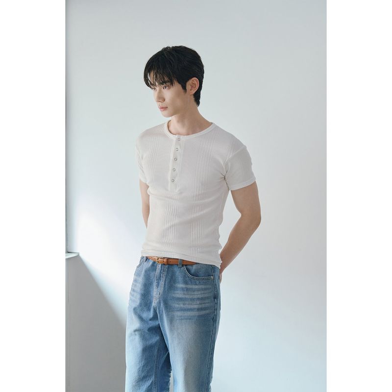 High ribbed henry neck half sleeves(Ivory)