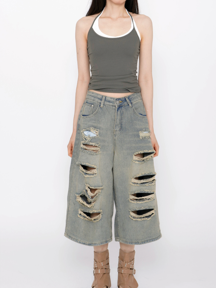 Terran Wide Distressed Bermuda Denim Pants