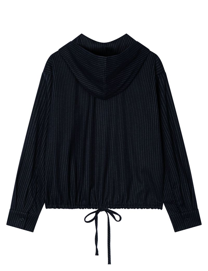 STRIPE RUFFLE HOODED SHIRT(NAVY)