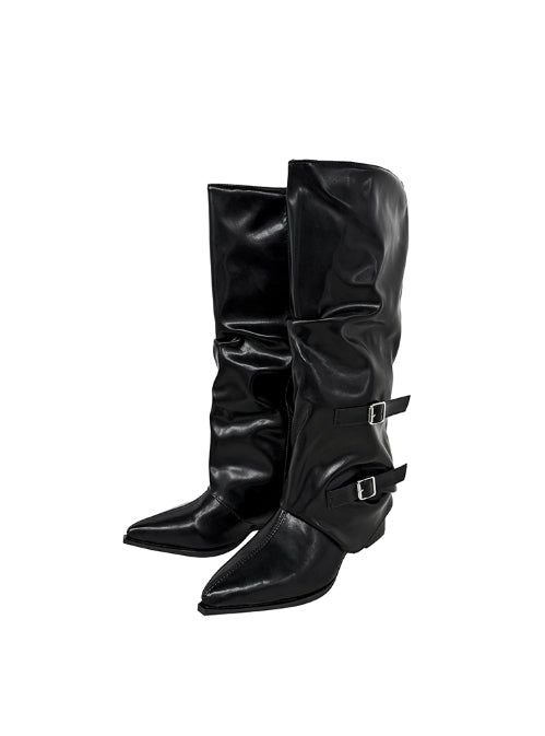 Double Buckle Shirred Stiletto Long Boots