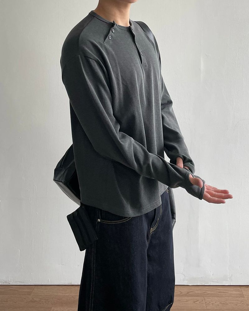 Double Washed Henley Neck Long Sleeve