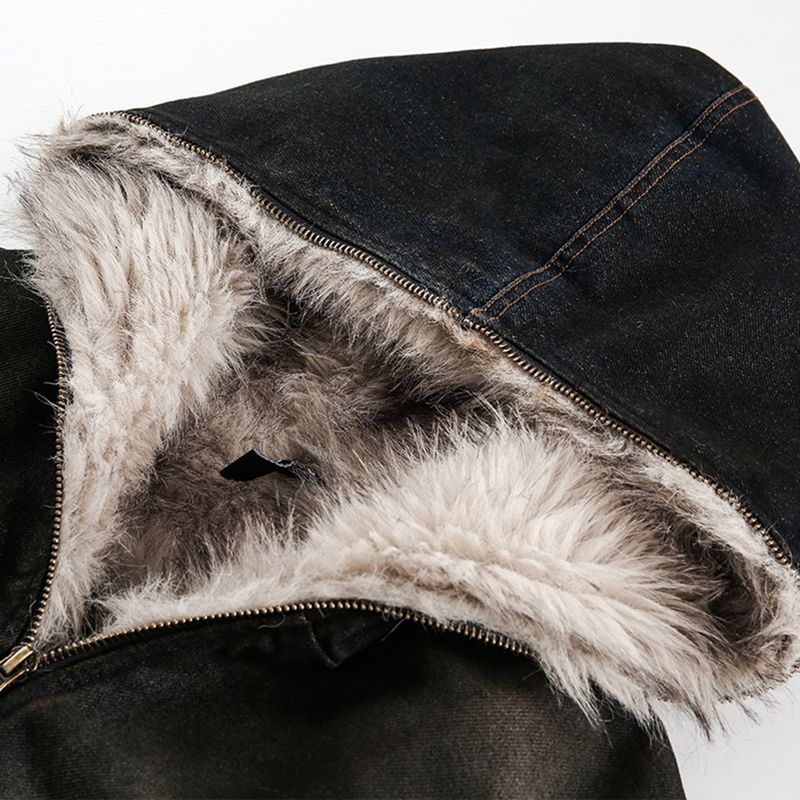 D quilted hooded denim fur cropped padded jacket