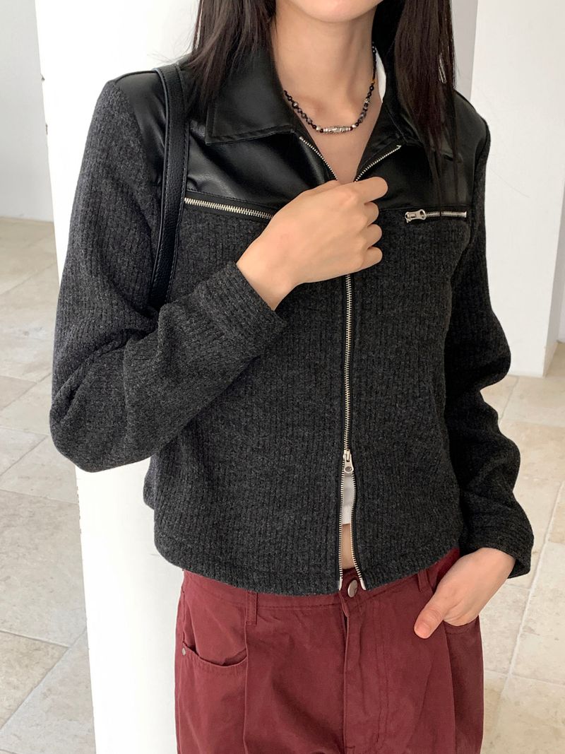 [MADE] Disher Leather Coloring 2-Way Zip-Up Wool Knit Jacket