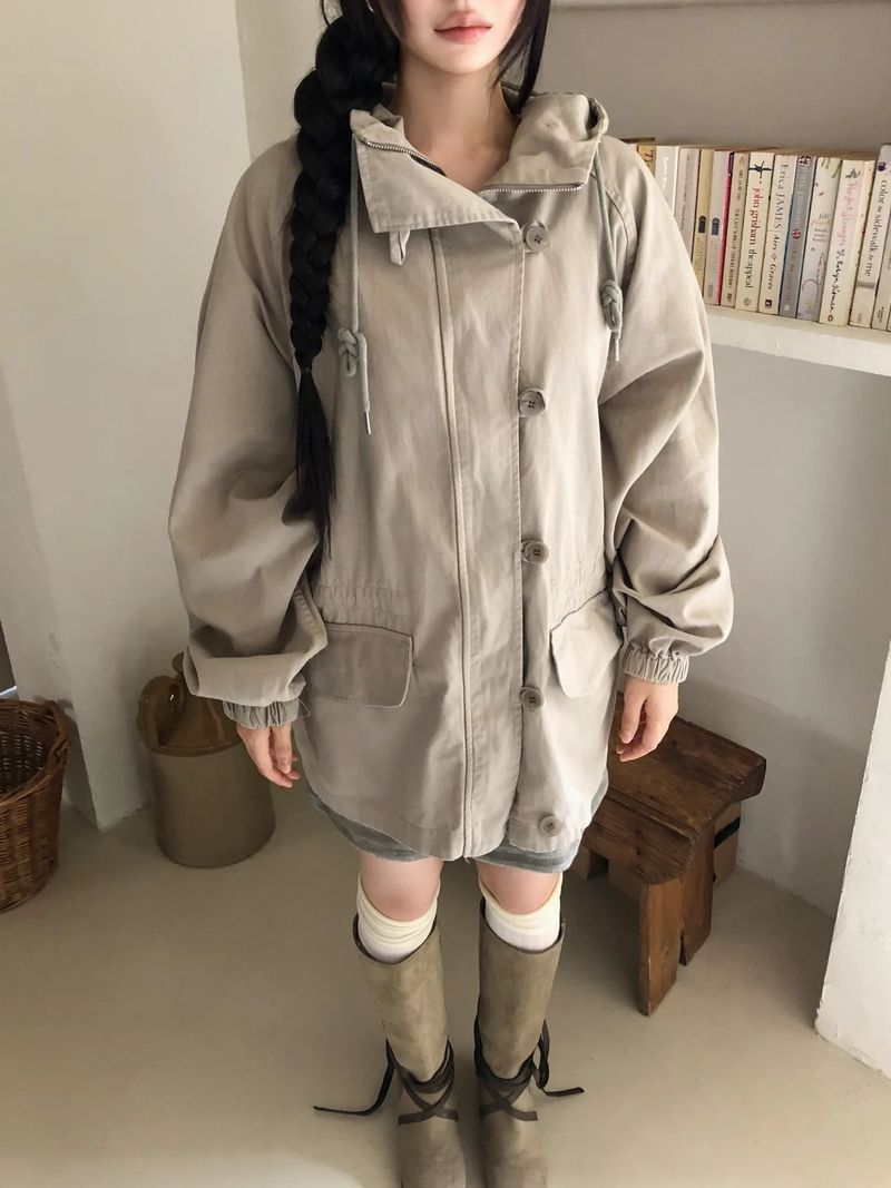 Ike Button High Neck Hooded Field Jacket