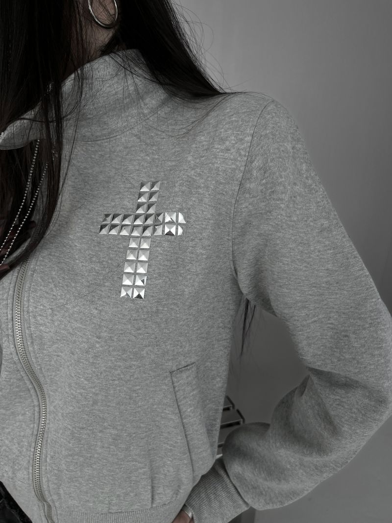 cross stud diagonal warmer zip-up (fleece-lined / 2color)