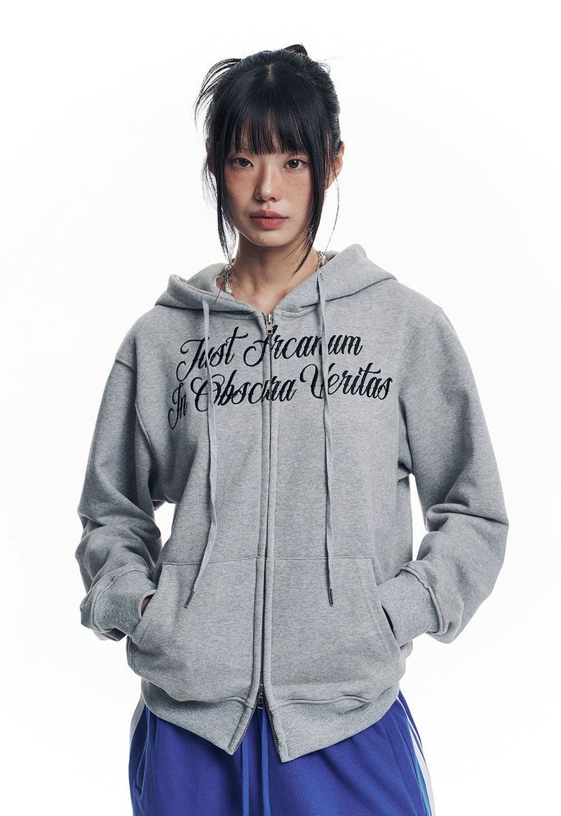 Lettering Embroidered Hoodie Zip-Up - Gray