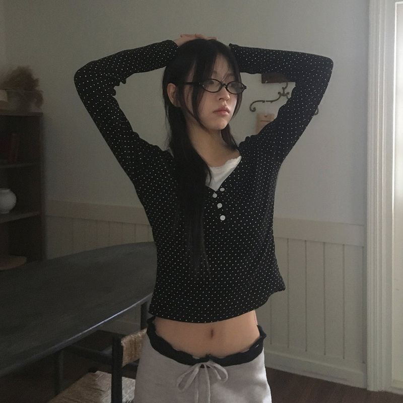 ソヤドットハーフボタンVネック長袖Tシャツ