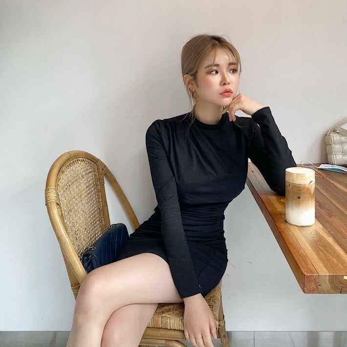 [SALE] Half-turtleneck shirring unbalanced dress