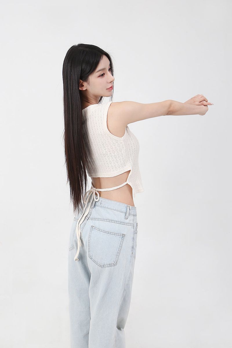 Back Ribbon Sleveless Knit_cream [brooch set]